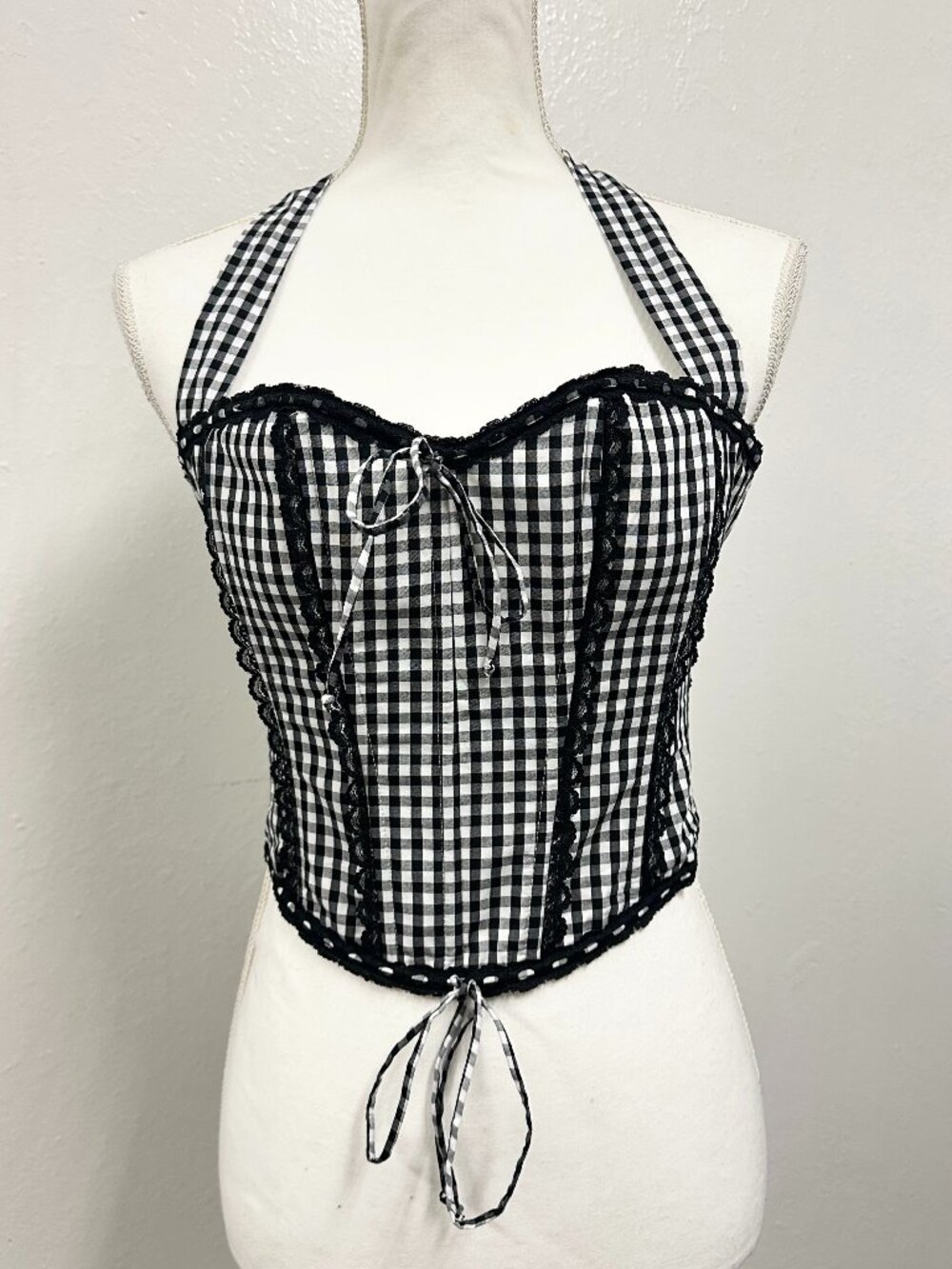 Danielle Guizio Black Gingham Printed Corseted Halter Top NWT Size XS